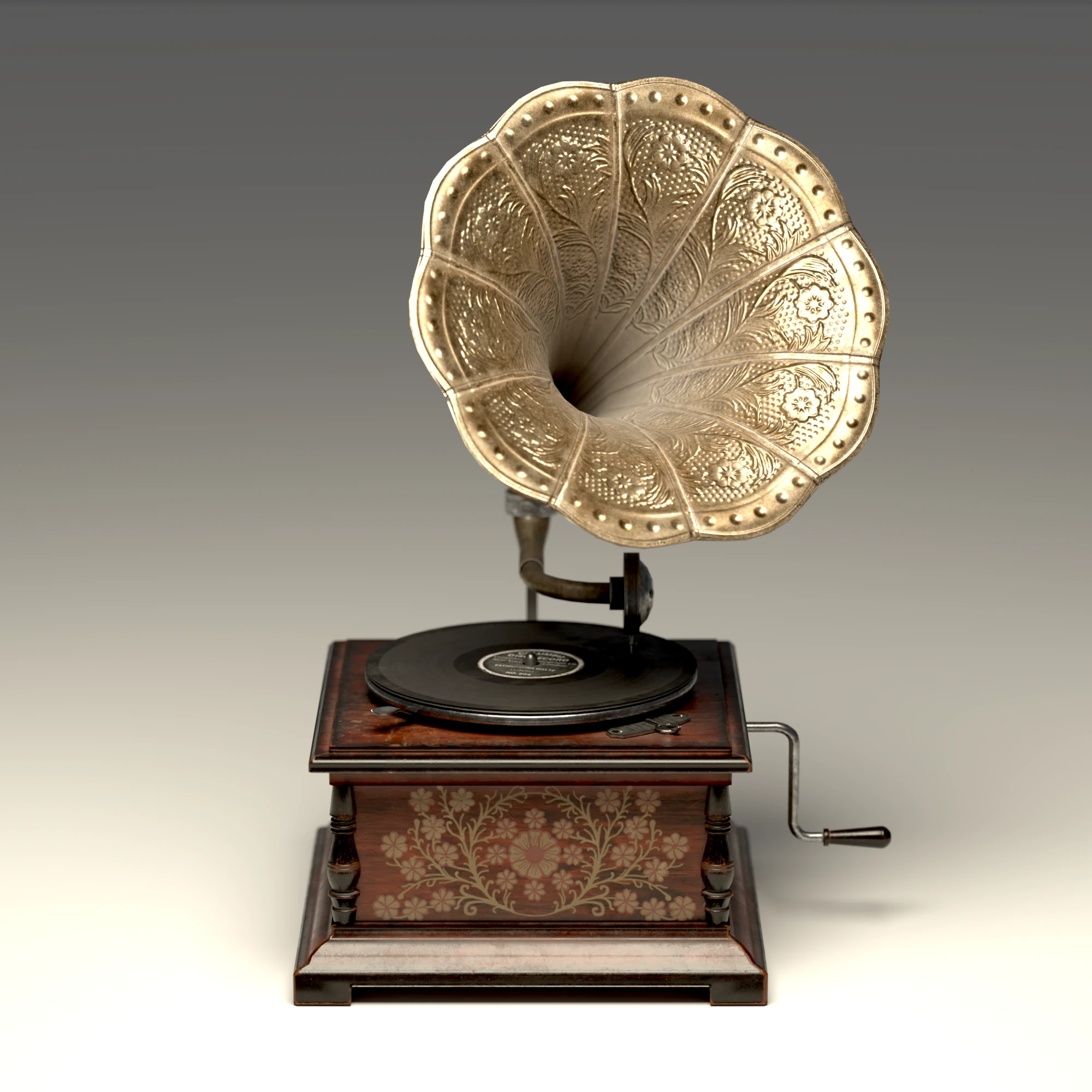 Antique Victorian gramophone with ornate gold horn and floral wood base, exuding vintage elegance