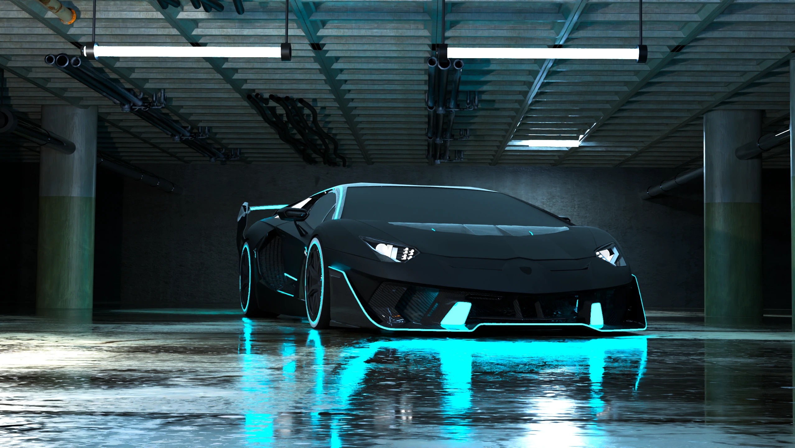 Sleek black 3D-rendered Lamborghini with glowing cyan neon lights in a futuristic underground garage.