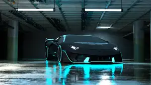 Sleek black 3D-rendered Lamborghini with glowing cyan neon lights in a futuristic underground garage.