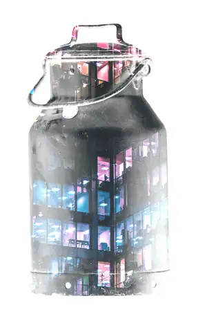 Double exposure artwork blending a vintage milk can with a modern glass office building lit in purple and blue hues.