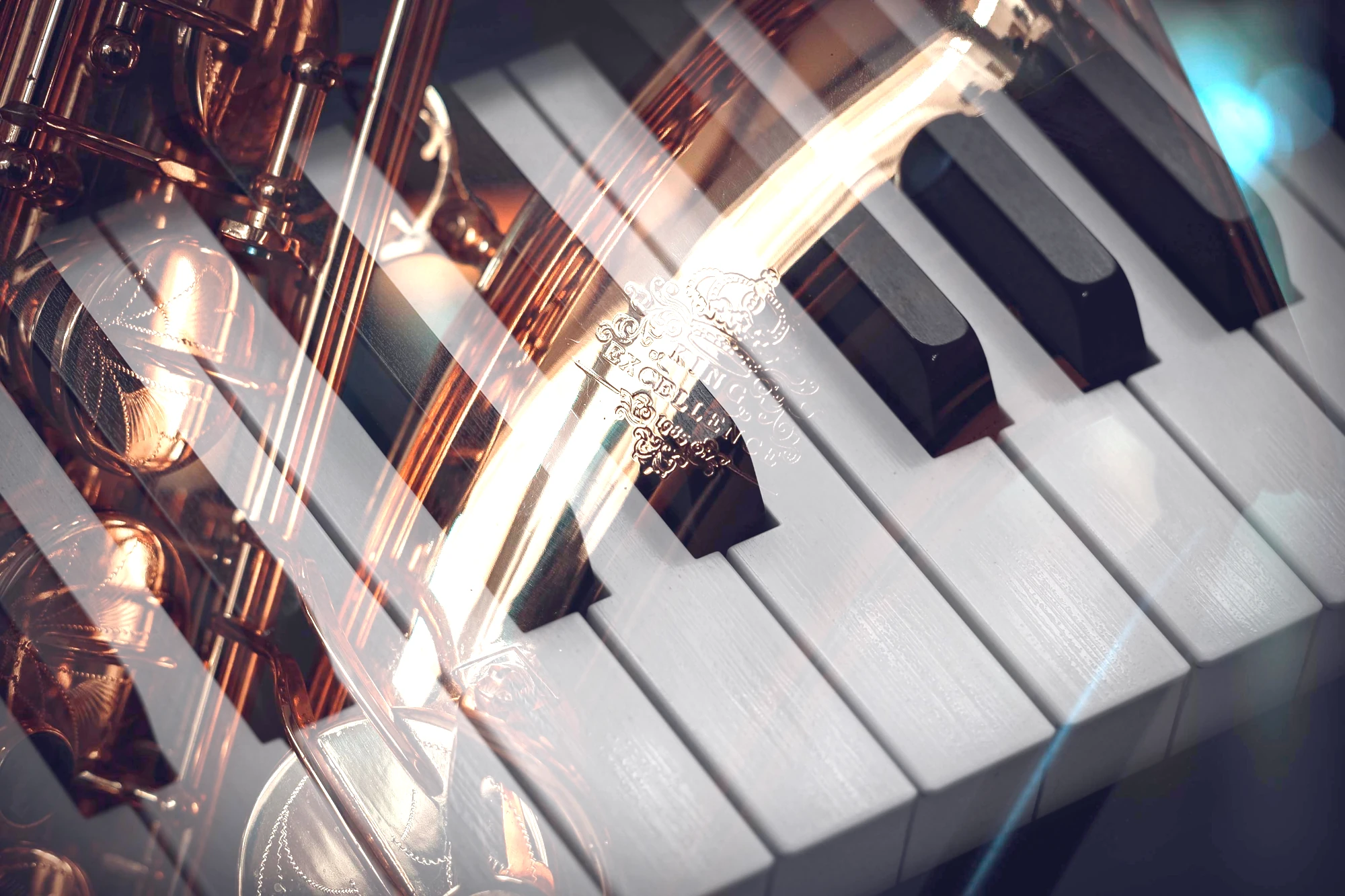 Double exposure image of a saxophone and piano keys blending together in elegant harmony.