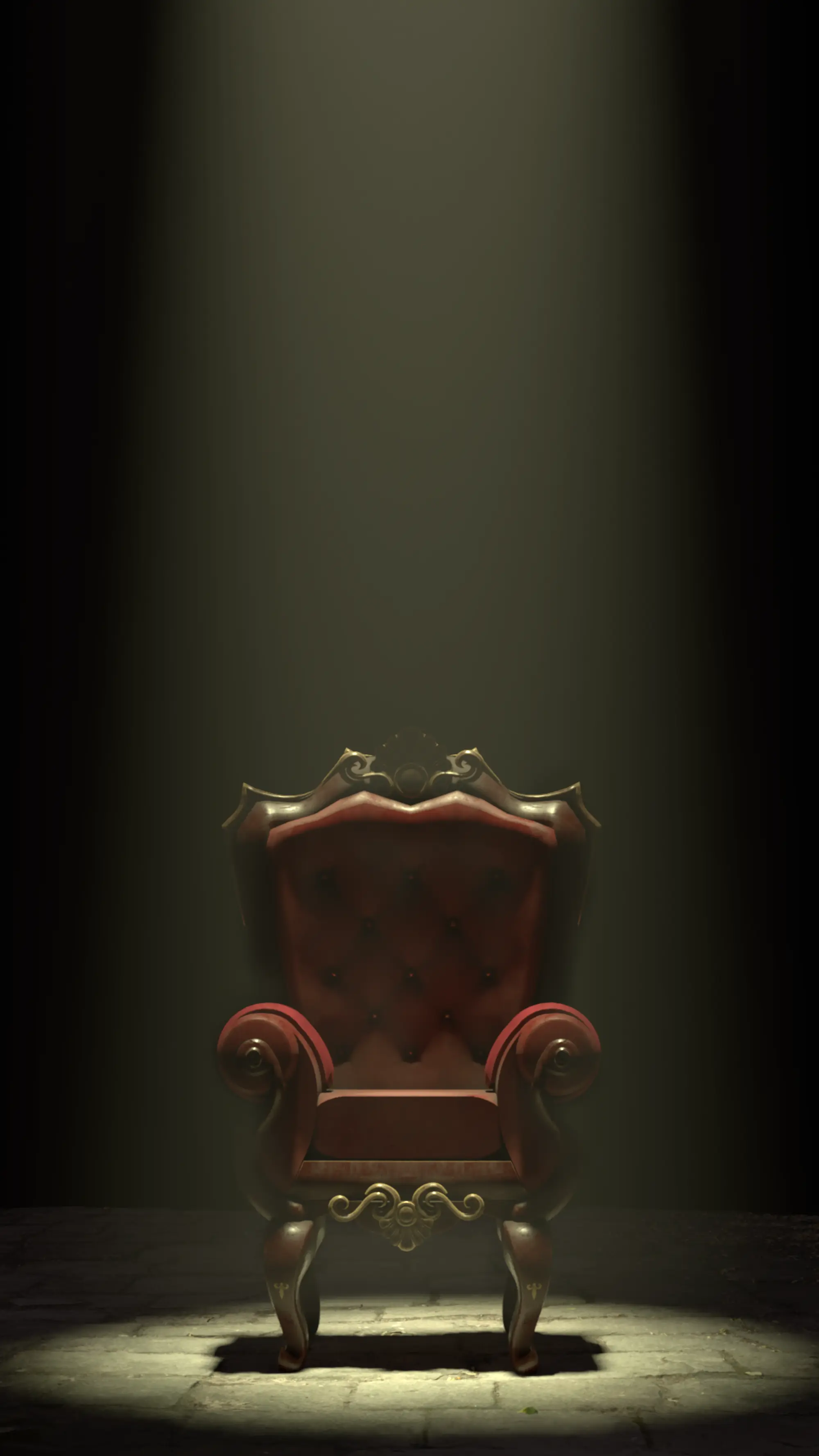 Luxurious vintage throne chair illuminated by dramatic spotlight in a dark, elegant setting